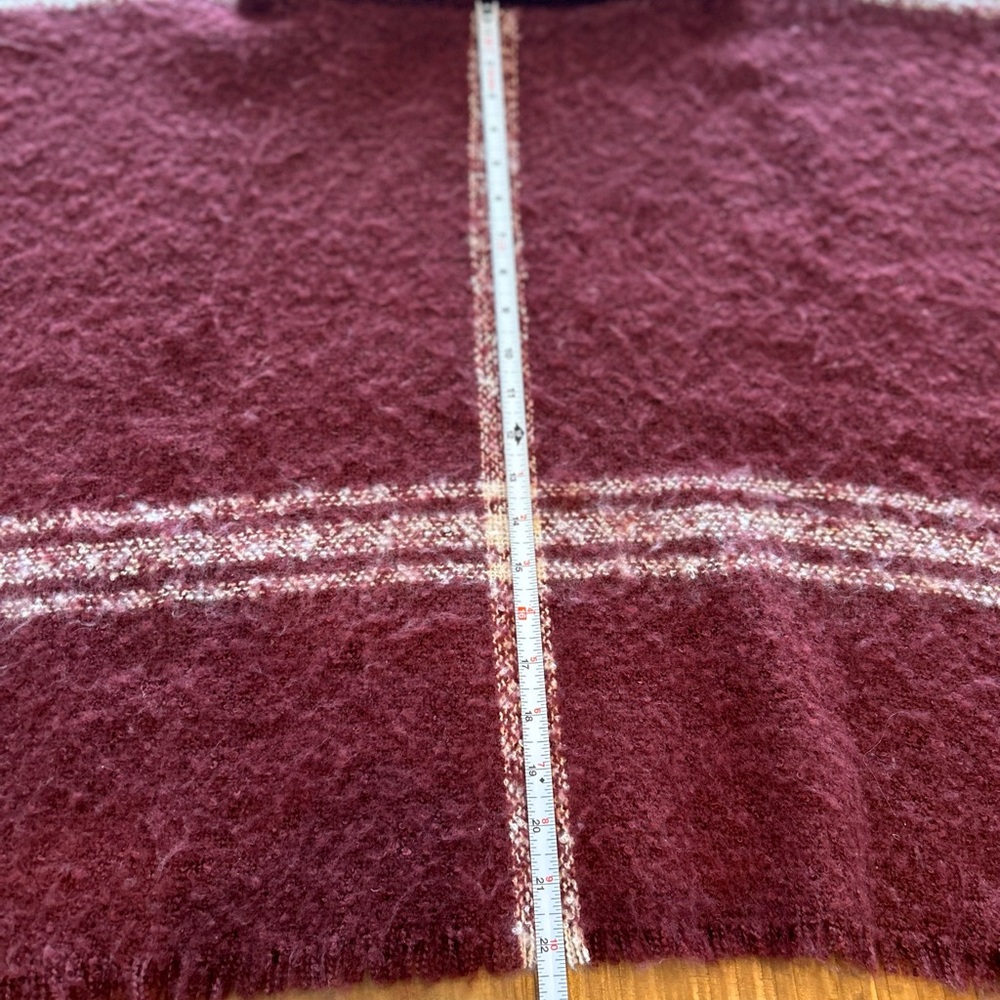 Women’s’ one-size knit turtleneck, poncho in maroon, and cream plaid - Picture 9 of 11